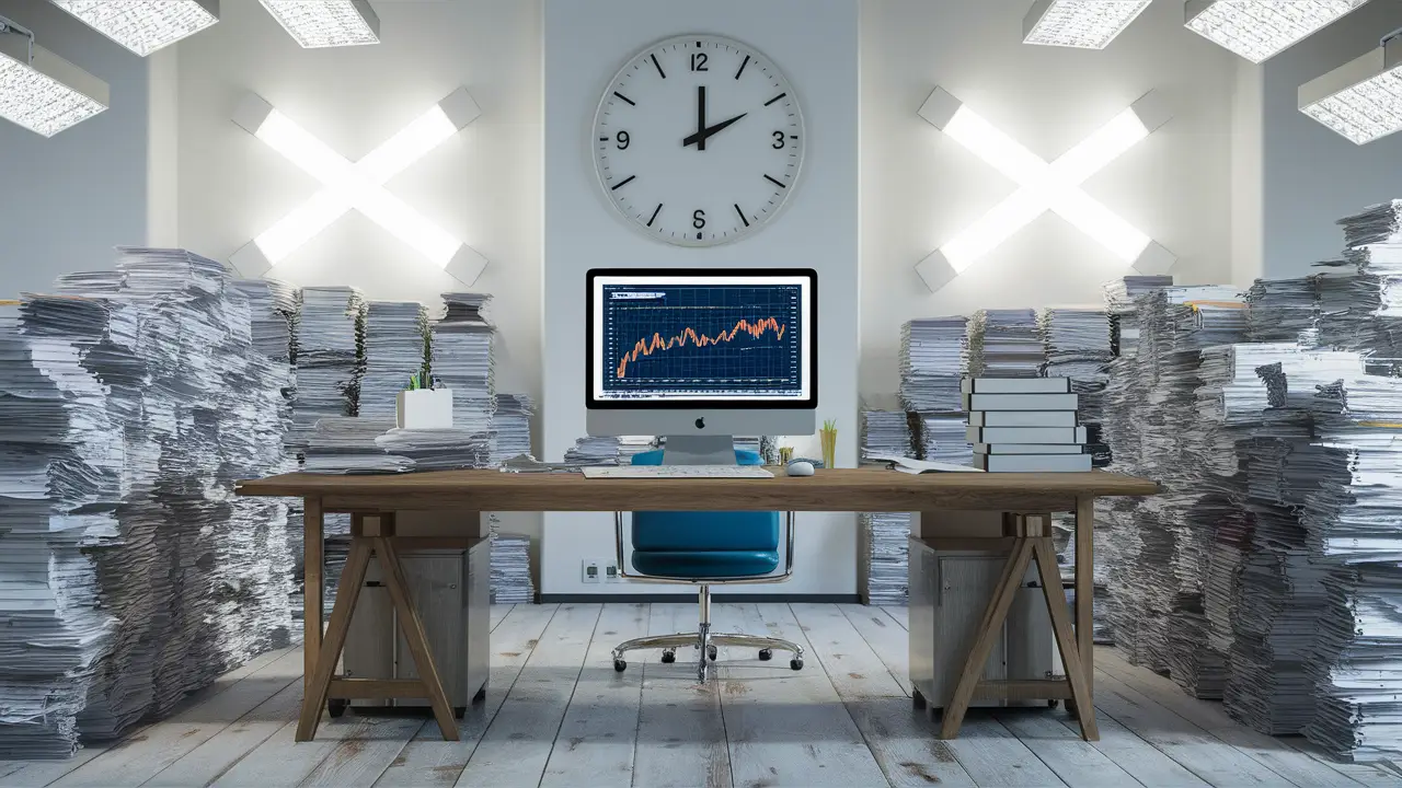 Espaço de escritório organizado com mesa de madeira, computador com gráficos financeiros e documentos empilhados.