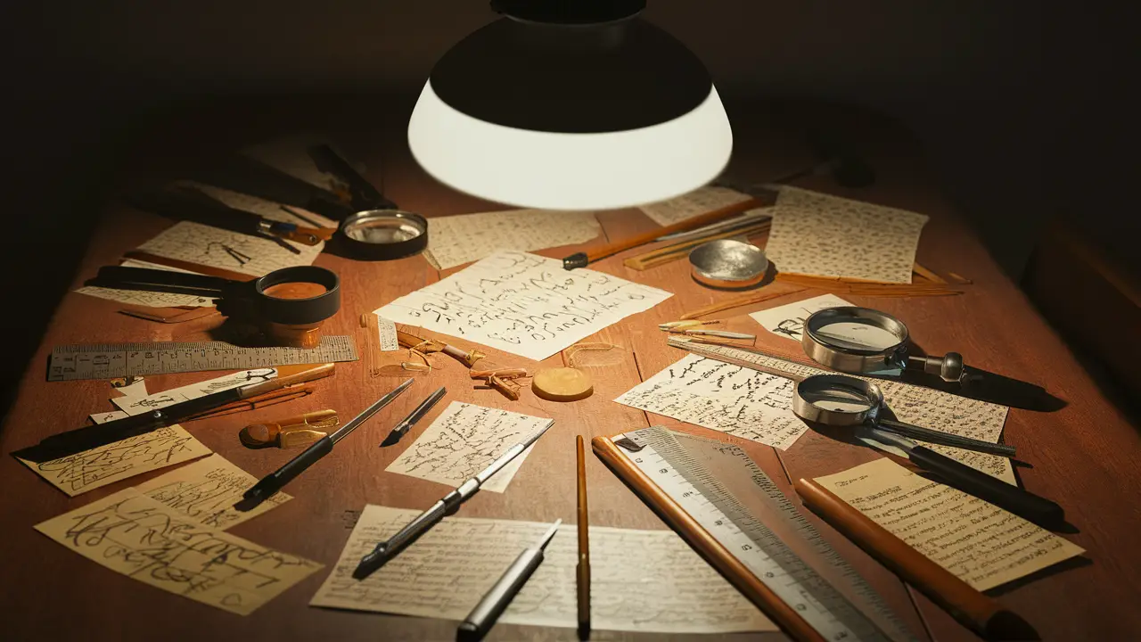 Ferramentas de análise grafotécnica em uma mesa de madeira, com lupas, réguas e amostras de caligrafia sob luz suave.