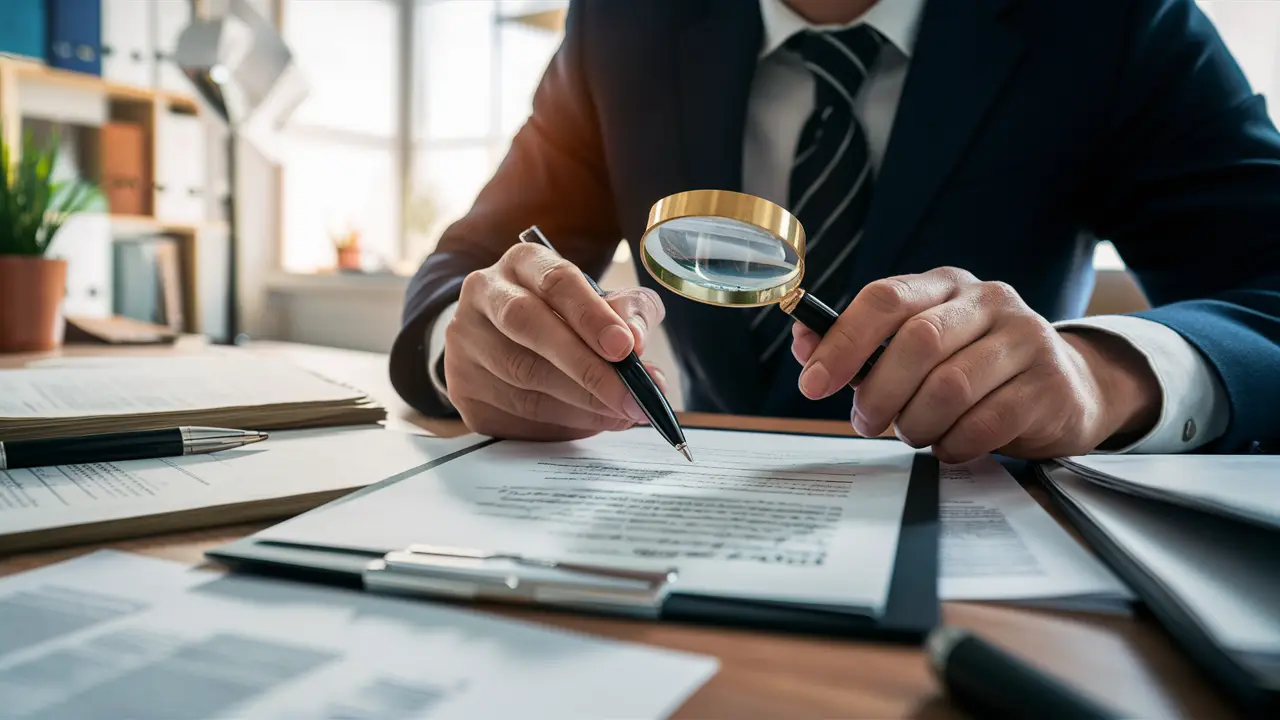 Perito analisa caligrafia ampliada com lupa em mesa de madeira, cercado por documentos e caneta em escritório bem iluminado.