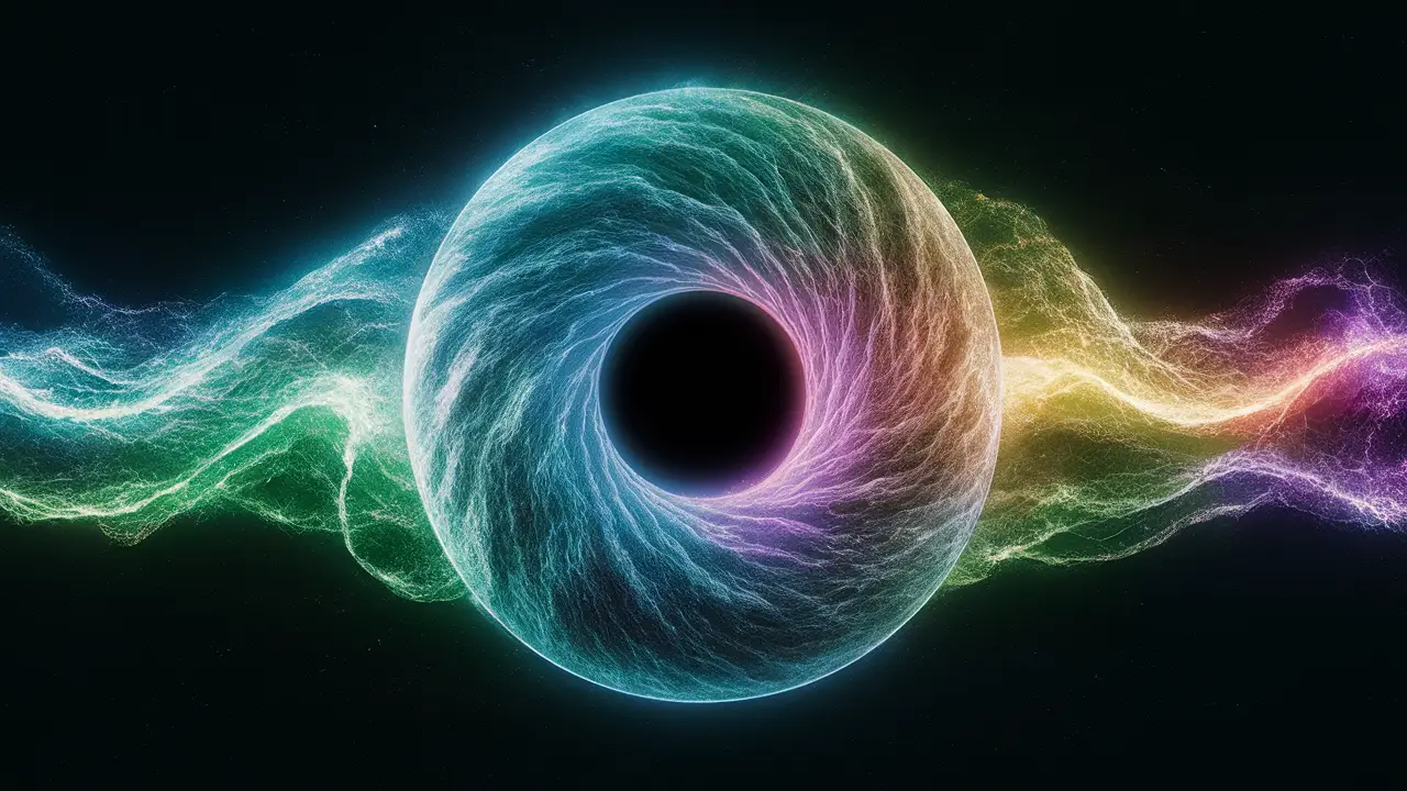 Campo quântico luminoso e ondulante com energias coloridas ao redor de um buraco negro no espaço escuro.
