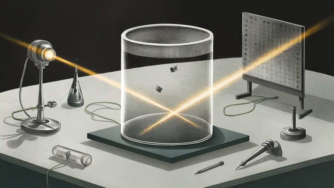 Cena de laboratório com experiência de dualidade mostrando feixe de luz se dividindo em dois caminhos distintos.