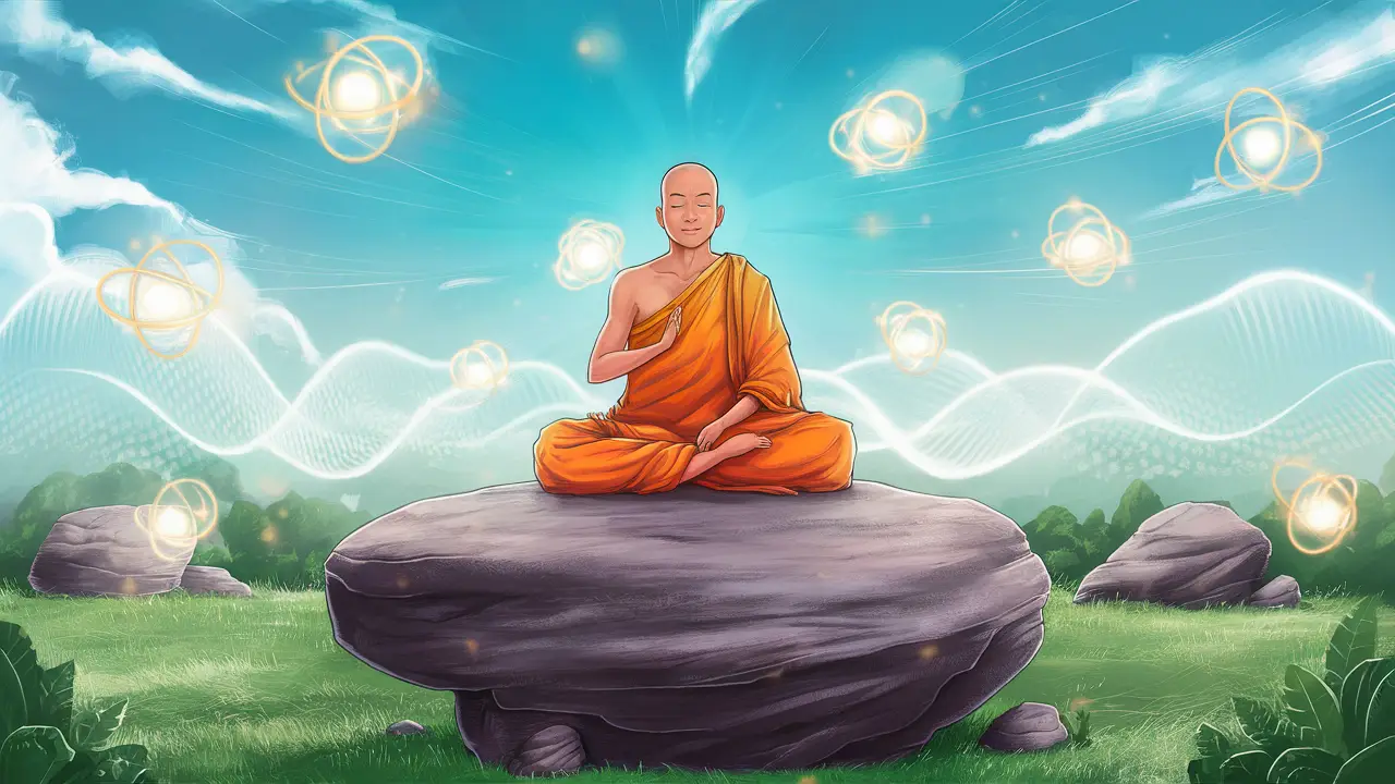 Monge meditando em rocha cercado por átomos brilhantes e ondas de energia sob céu azul.