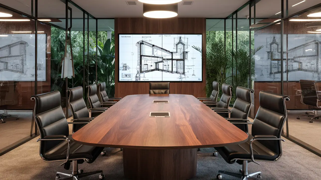 Interior moderno de escritório com mesa de madeira e cadeiras de couro preto cercadas por paredes de vidro e tela digital.