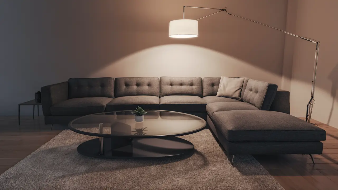 Modern living room with oval glass coffee table and floor lamp next to the sofa.