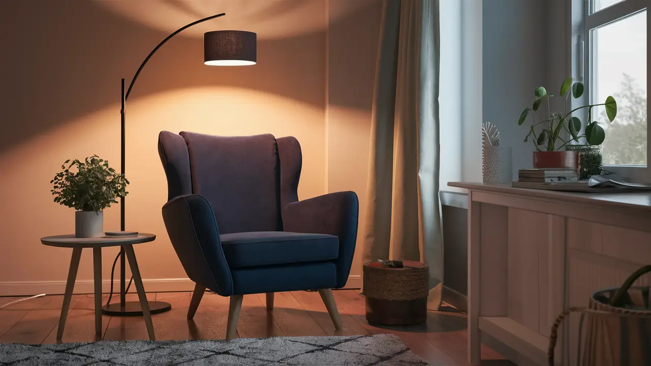 Modern floor lamp illuminating navy blue armchair in cozy living room.