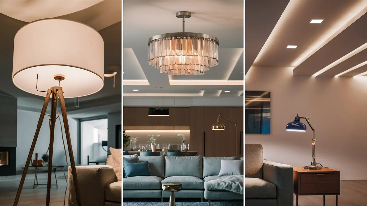 Types of lighting in a modern living room with floor lamp, chandelier, table lamp and LED lights.