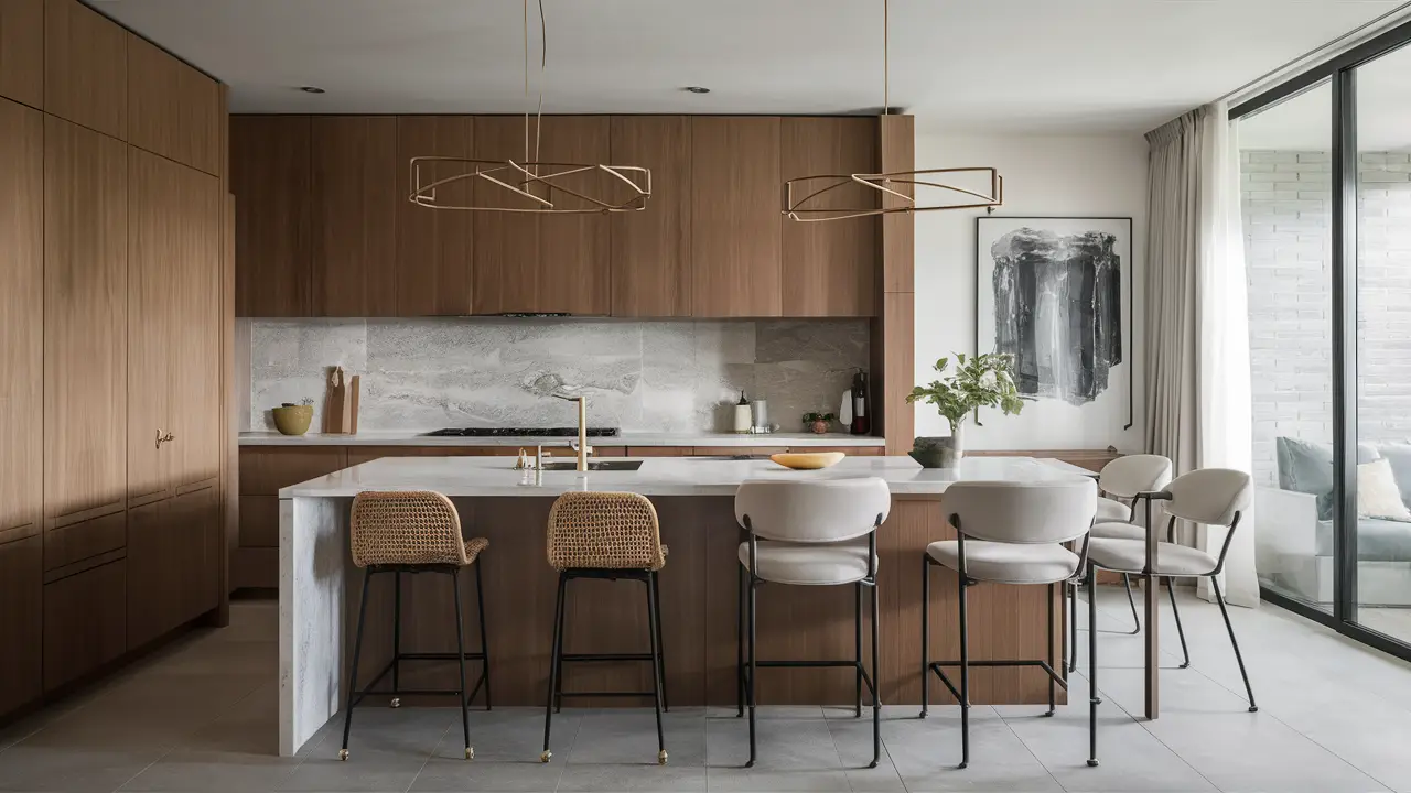 Cozinha moderna com bancada de mármore preto e três banquetas cromadas com assentos de couro branco.
