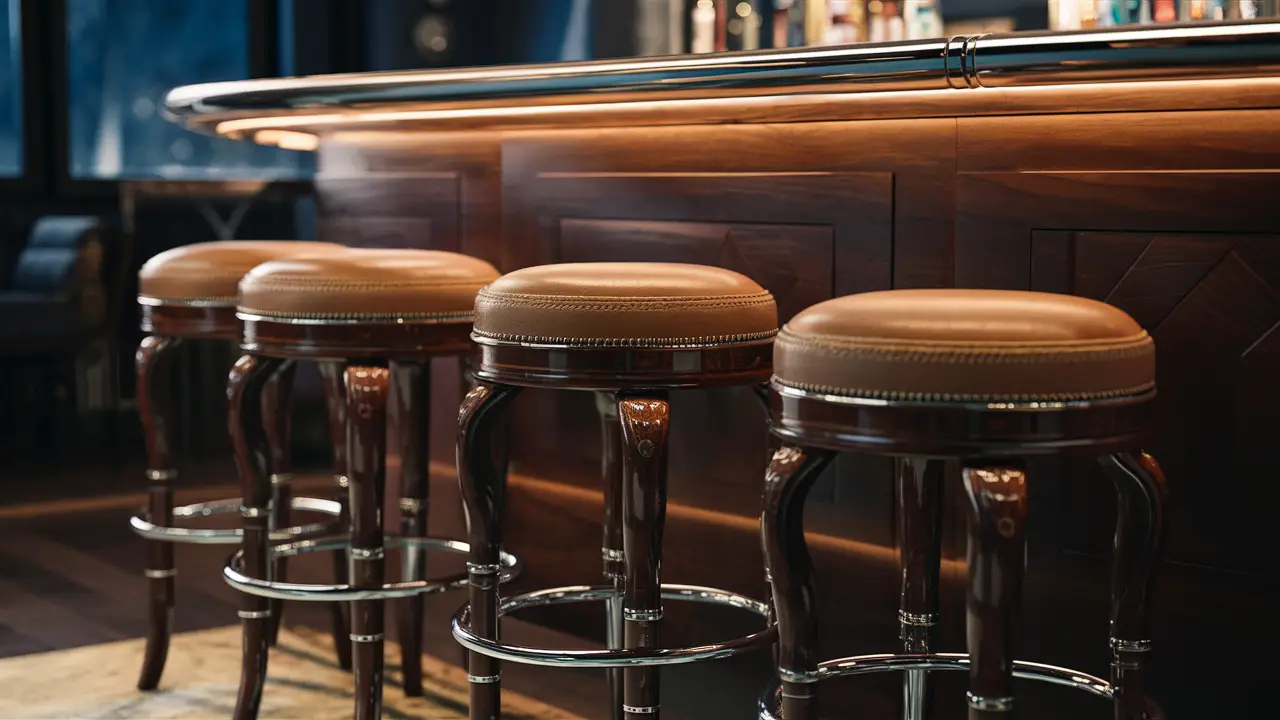 Banquetas de alto padrão com assentos de couro e estrutura de cromo polido em um bar sofisticado.