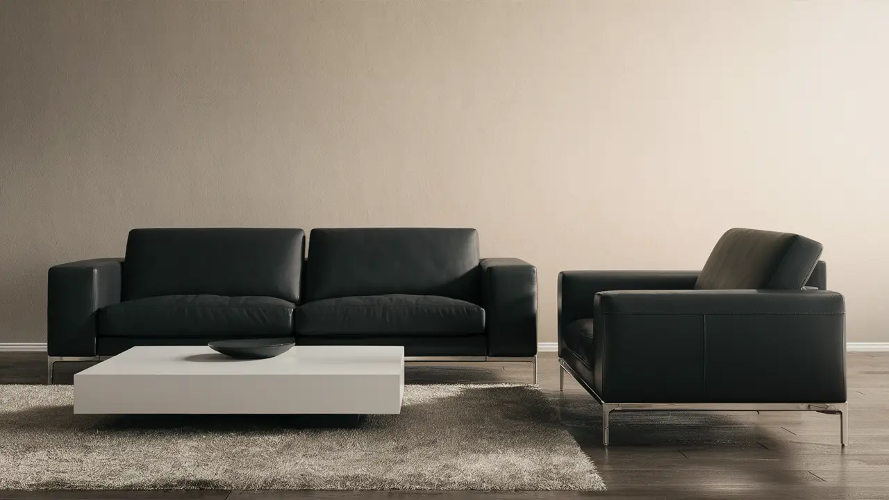 Sala de estar moderna com sofá de couro preto e mesa de centro branca em estilo minimalista.