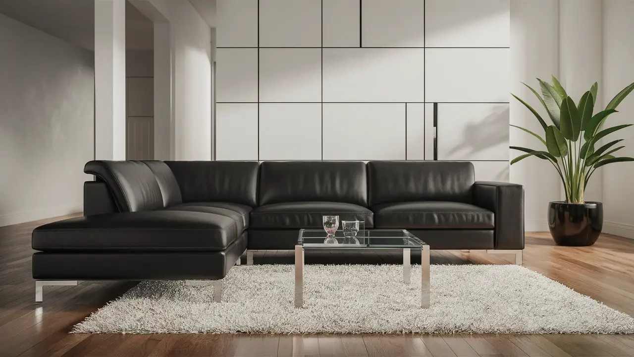 Sala de estar espaçosa com sofá preto de couro, mesa de café de vidro e tapete branco, planta verde ao fundo.