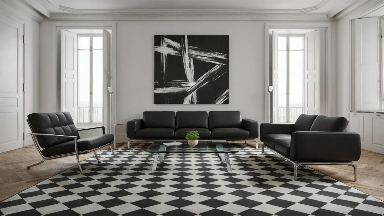 Sala de estar moderna com móveis pretos e brancos, tapete quadriculado, planta verde e pintura abstrata grande na parede.