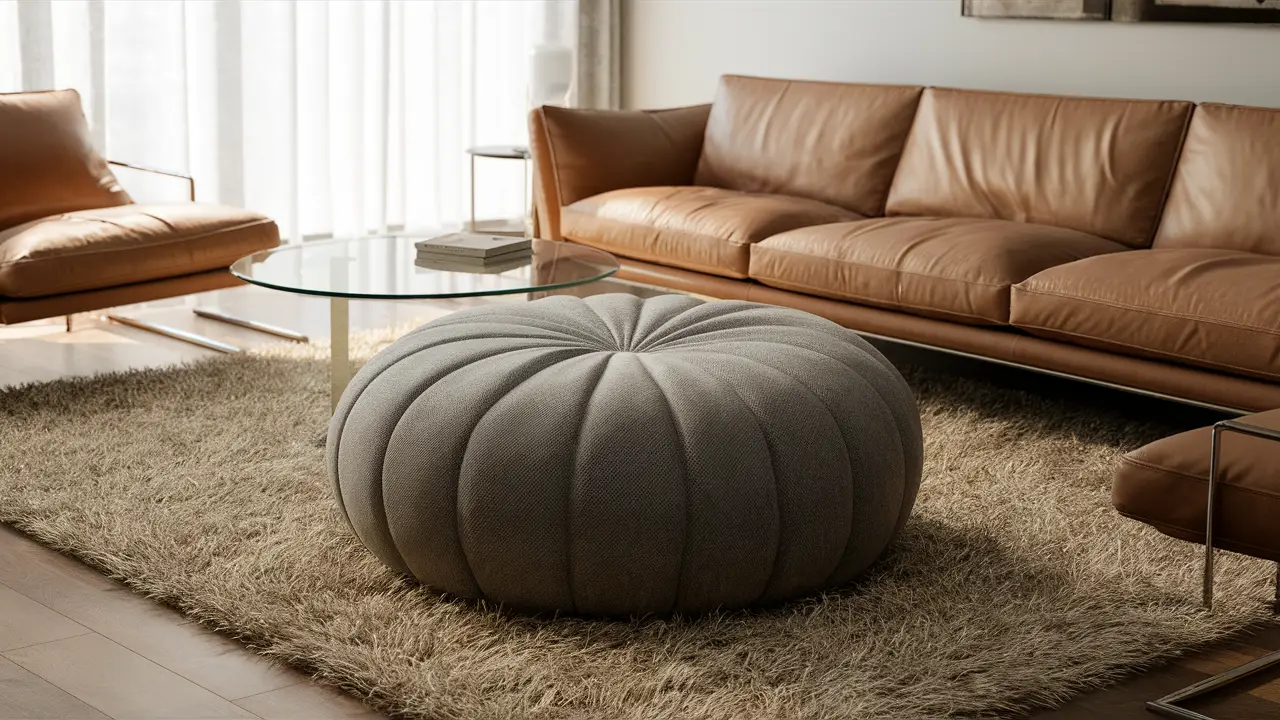 Salon moderne avec pouf gris, canapé en cuir, table basse en verre et tapis blanc.