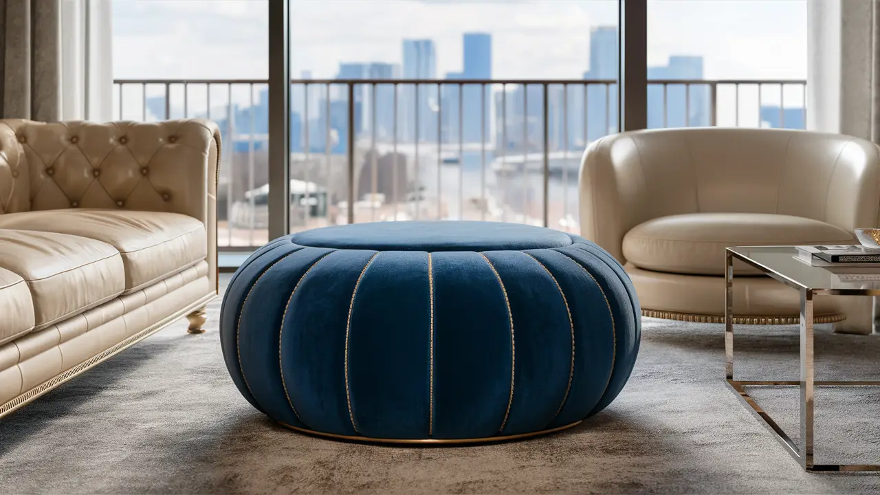 Salon avec pouf bleu foncé entre canapé en cuir crème et table basse en verre.