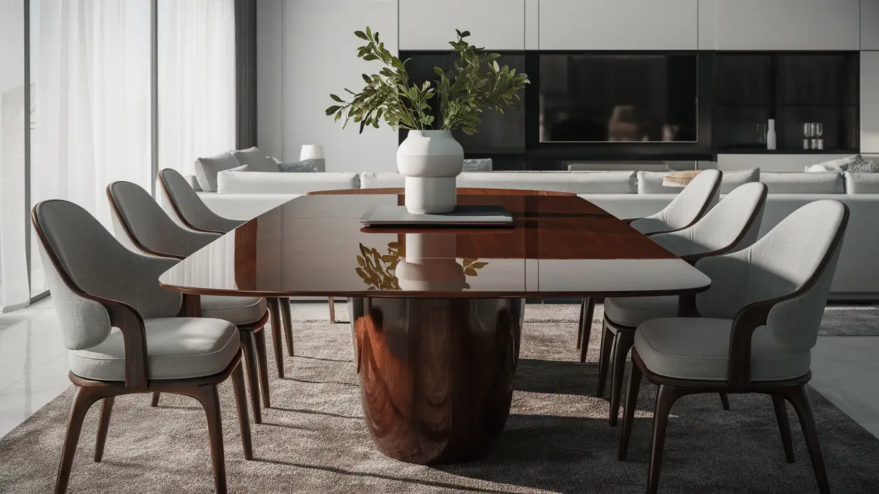 Mesa de comedor de madera con sillas gris claro en sala de estar moderna, jarrón blanco con hojas verdes.