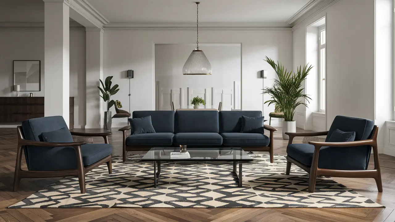 Sala de estar moderna com sofá Matrezan azul e moldura de madeira, mesa de centro de vidro e planta em vaso.