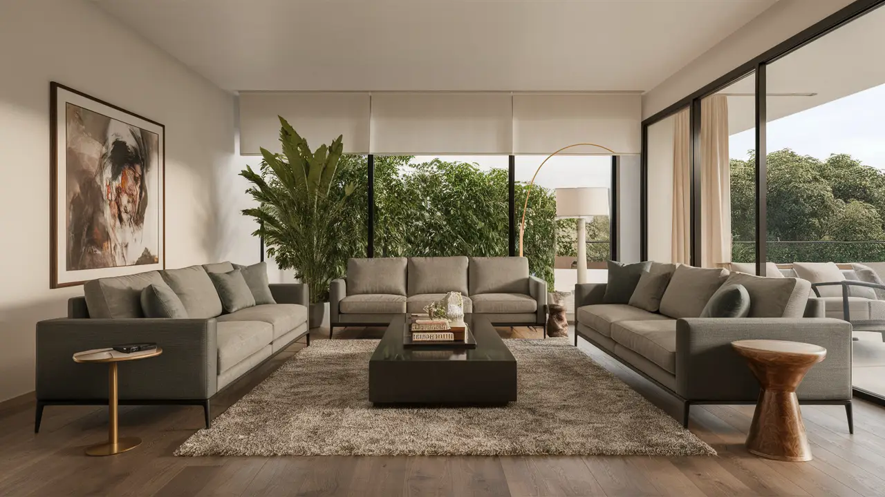 Sala de estar moderna con sofá gris, estantería de madera y mesa de centro de cristal.