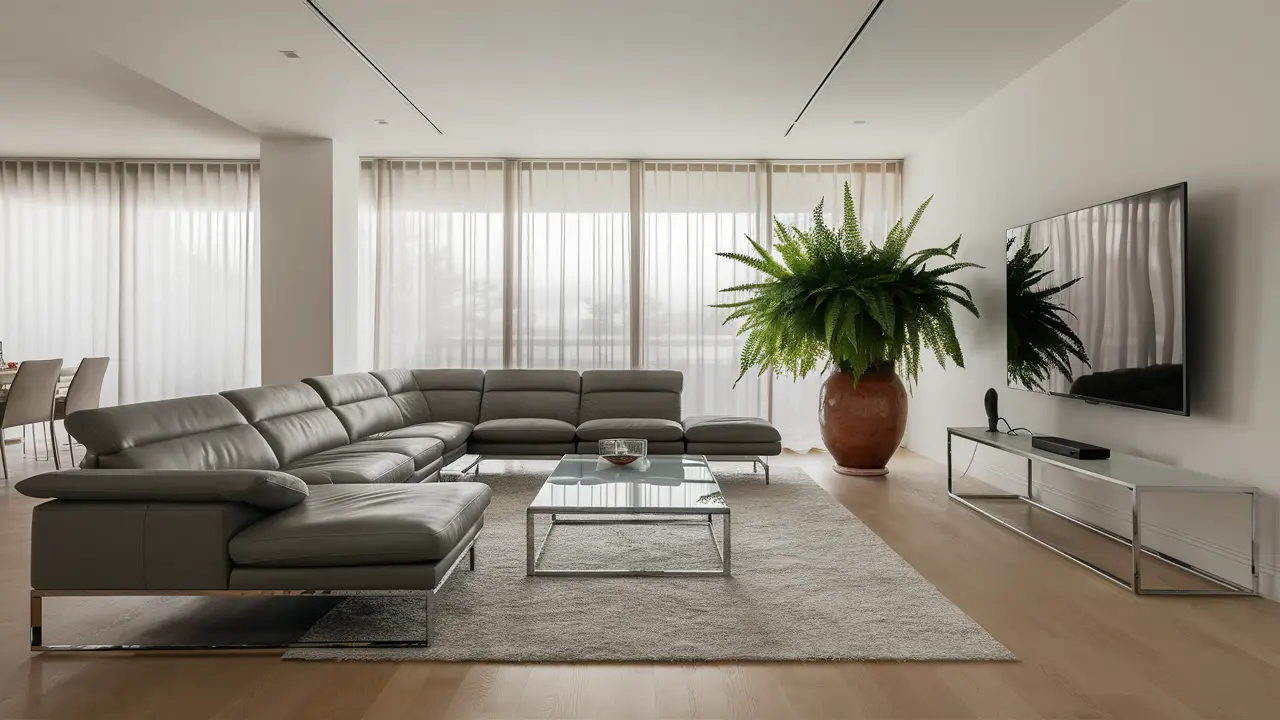 Moderna sala de estar con sofá gris en forma de L, mesa de centro de cristal y planta en maceta de cerámica junto a gran ventanal.