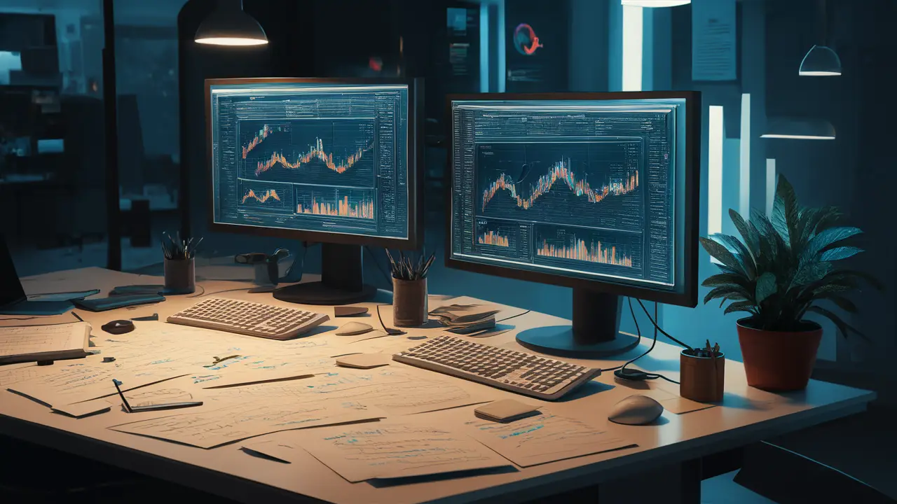 A desk with two monitors showing data charts, papers with notes, and a small potted plant.