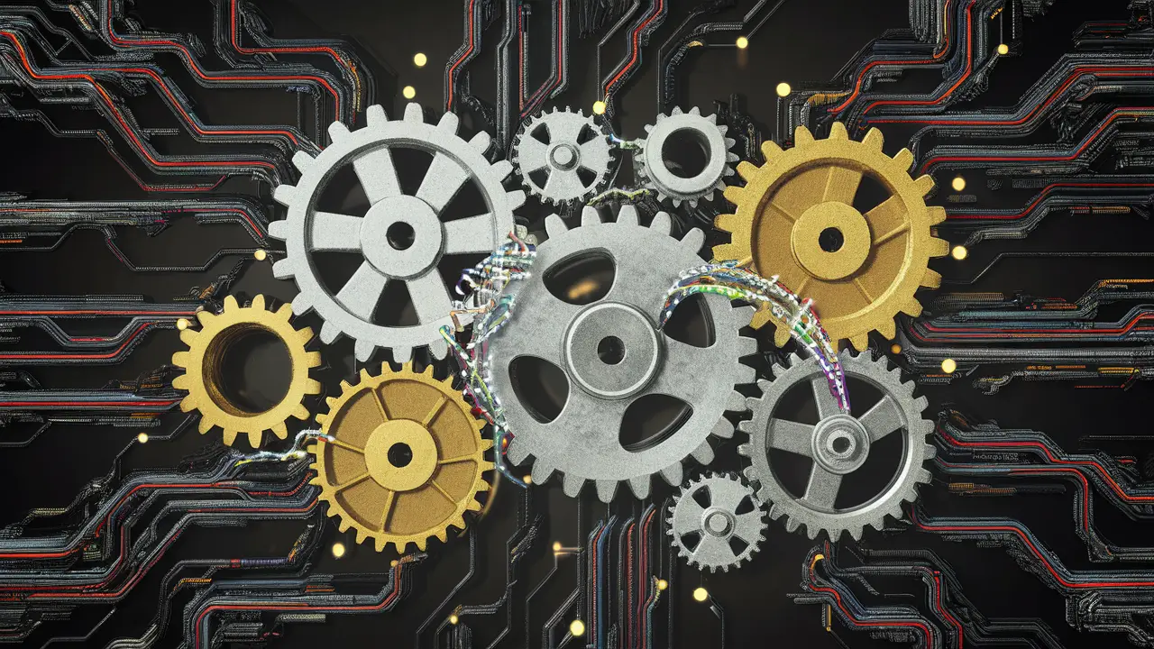 Interlocking silver and gold gears with colorful data streams on a dark background with glowing nodes.