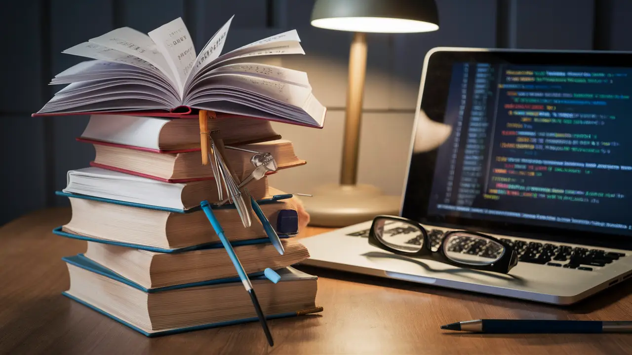Open books with charts and laptop with code on a wooden desk under soft lamp light.