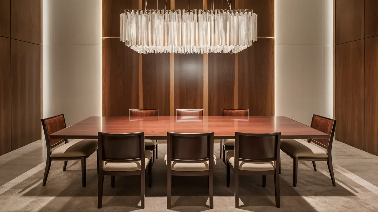 Mesa retangular de madeira com seis cadeiras em sala de jantar espaçosa e lustre moderno acima.