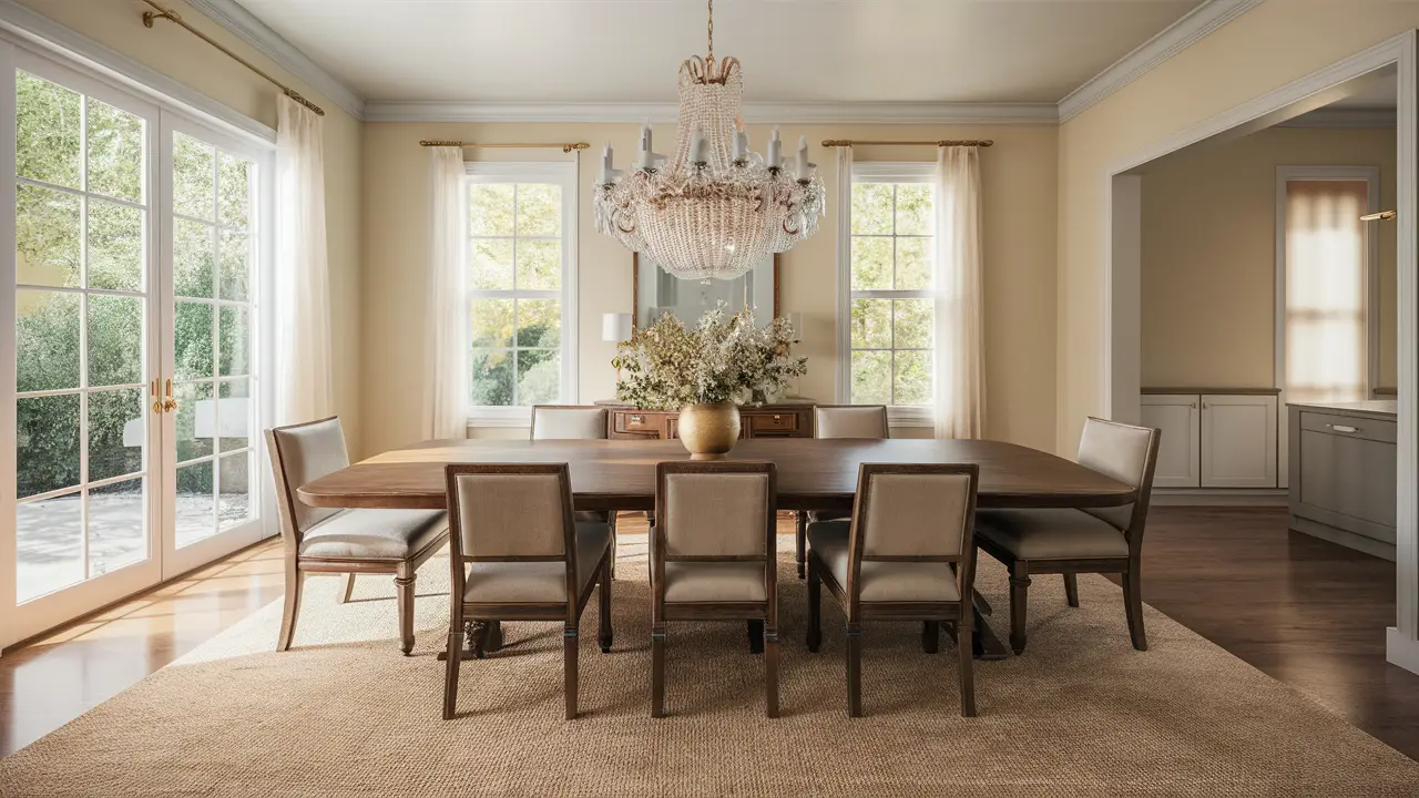 Ampia sala da pranzo con un grande tavolo rettangolare in legno e sei sedie imbottite intorno.