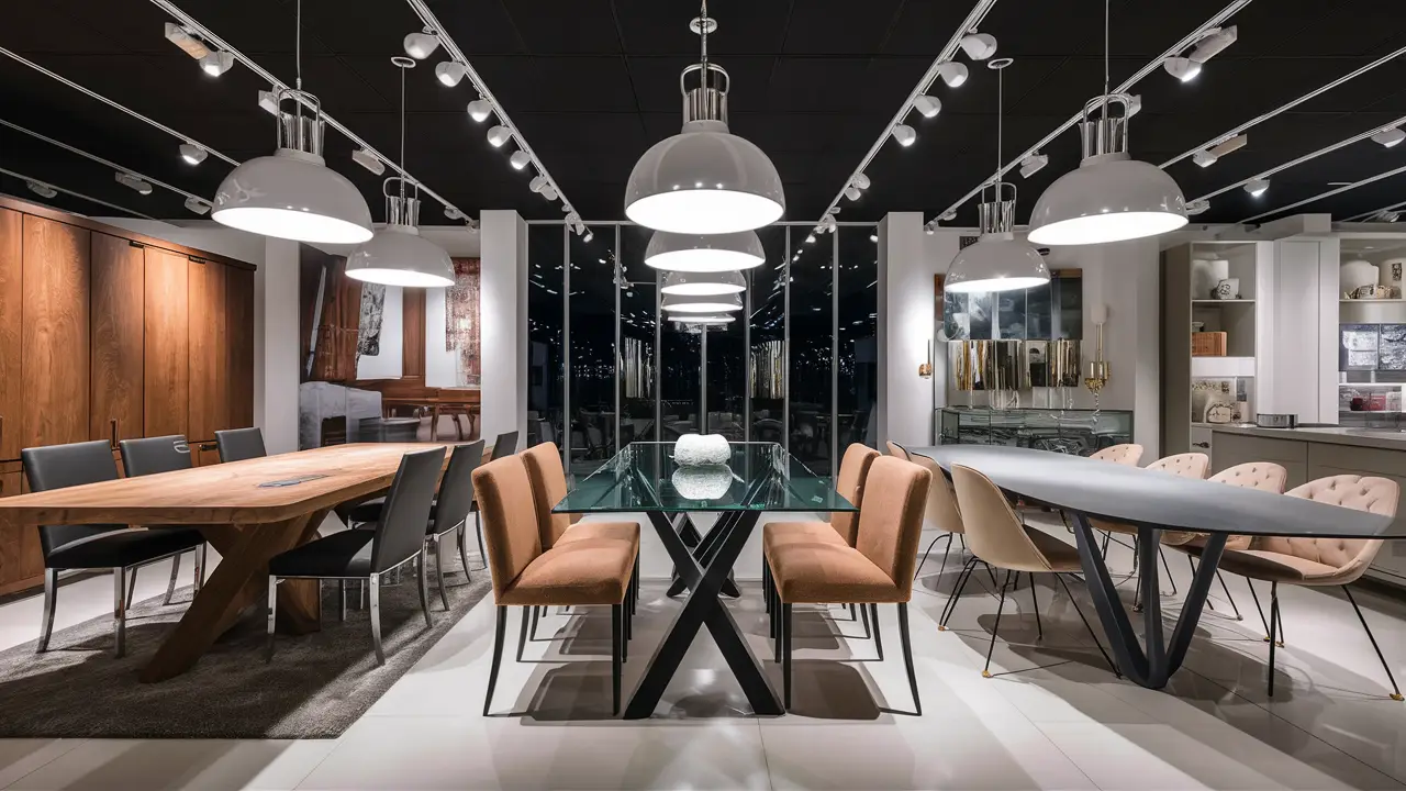 Vários materiais de mesas de jantar em um showroom com mesas de madeira, vidro e metal rodeadas por cadeiras de estilos diversos.