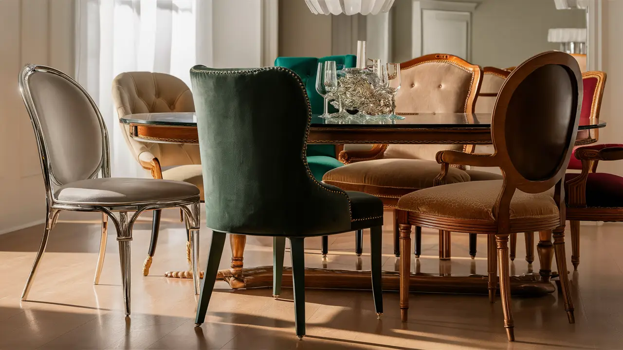 Diversi stili di sedie in una moderna sala da pranzo con un tavolo in legno lucidato.