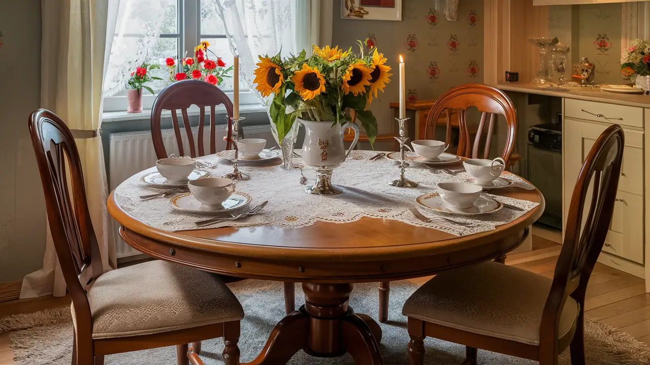 Mesa redonda de madeira decorada com toalha de renda branca, flores de girassol e castiçais prateados.