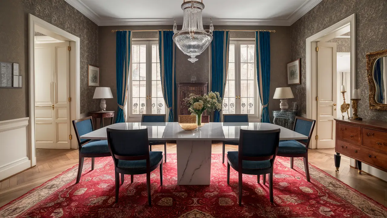 Tavolo in marmo bianco con sedie in legno e rivestimento in velluto blu in una stanza sofisticata con lampadario di cristallo.