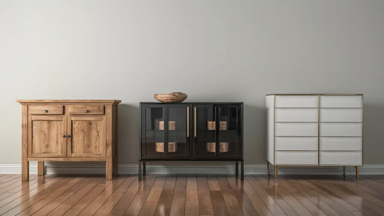Tres aparadores de diferentes estilos e materiais em um ambiente interno com parede cinza clara e piso de madeira.