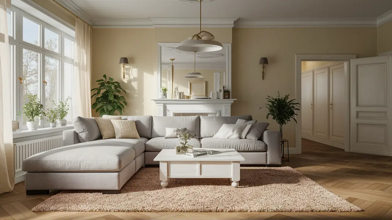 Sala de estar com sofá cinza-claro, mesa de centro branca, paredes creme e tapete bege iluminados pela luz natural.