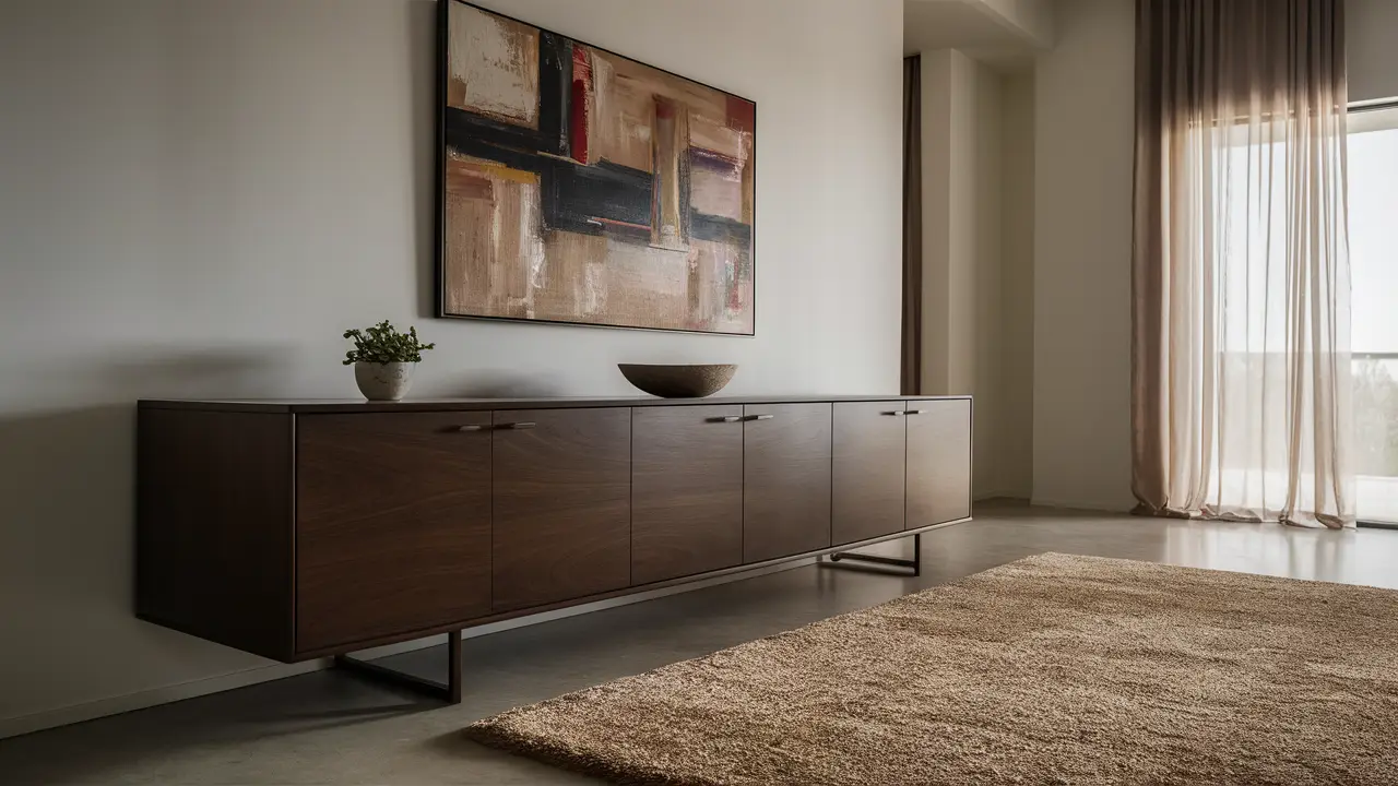 Sala de estar moderna com aparador de madeira escura, pintura abstrata, planta pequena e tigela decorativa em cima.