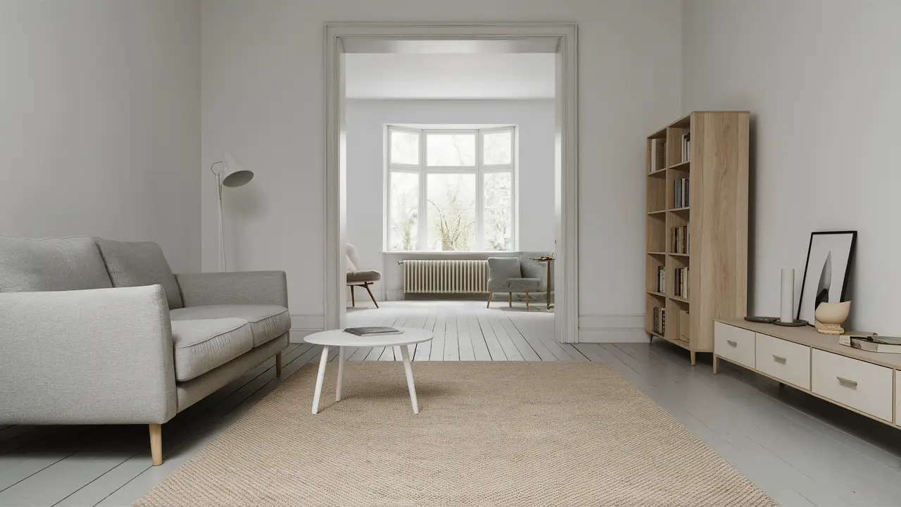 Sala de estar minimalista com sofá cinza claro, mesa de centro branca e estante de madeira simples.