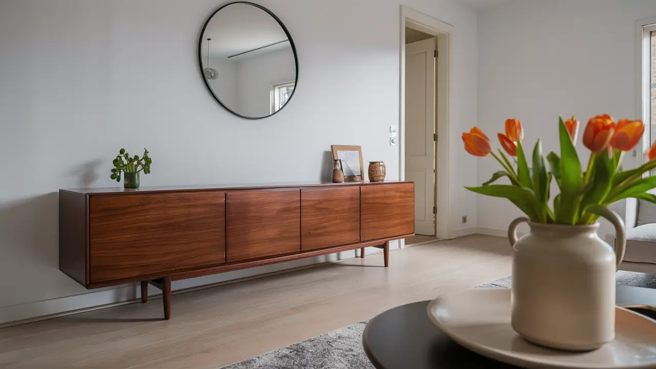 Aparador moderno de madeira com planta, espelho redondo e vaso com tulipas laranjas em sala de estar.
