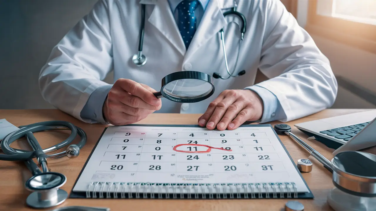 Médico com lupa sobre calendário destacando datas de exames preventivos, com estetoscópio e termômetro na mesa.