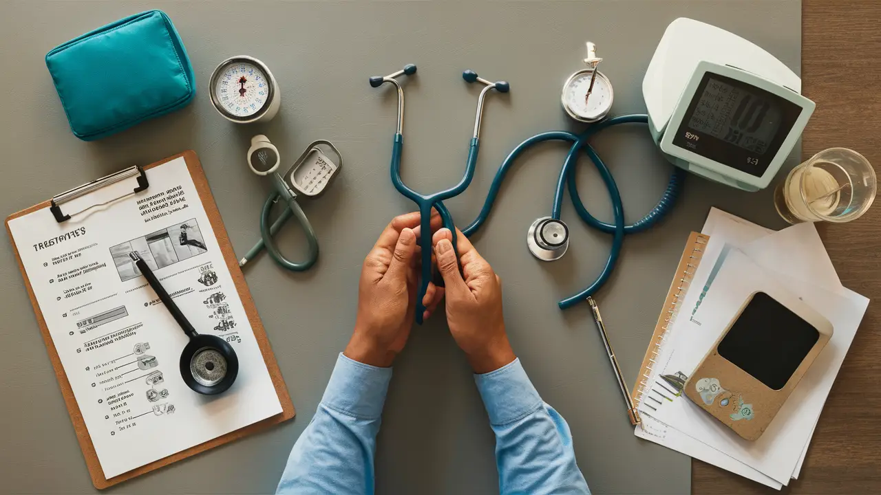 Objetos de exame médico, como estetoscópio e monitor de pressão, sobre mesa de madeira.