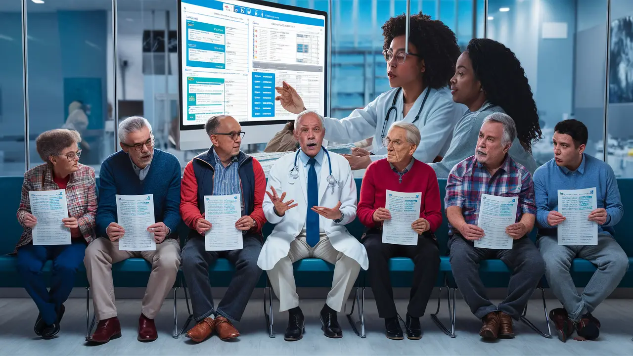 Pessoas de várias idades em um consultório médico moderno segurando relatórios médicos enquanto o médico explica exames.