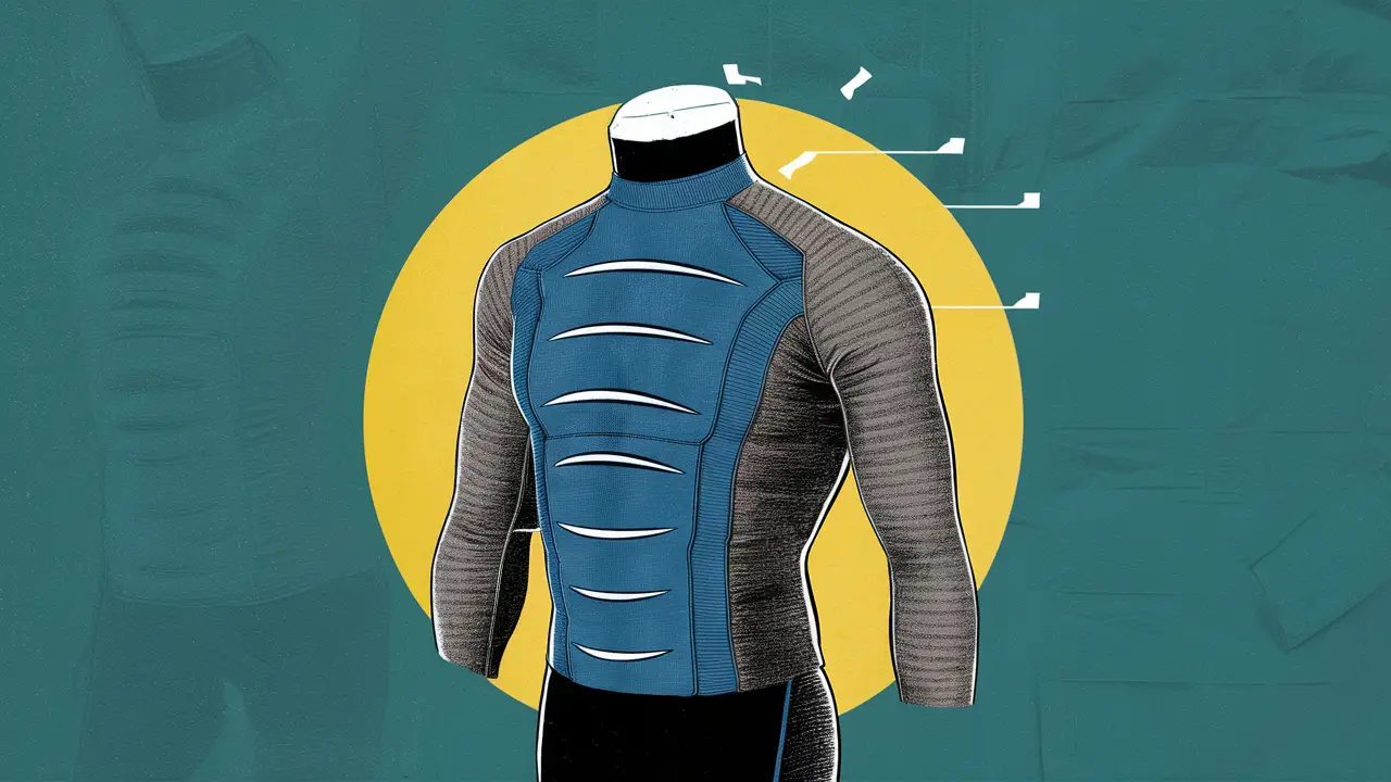 Vista lateral de uma roupa térmica de compressão azul e cinza em um manequim com canais de ar e camadas isoladas visíveis.
