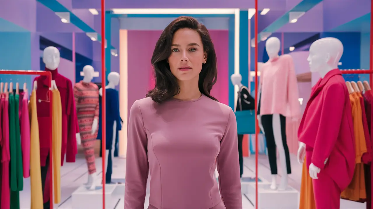 Mulher em boutique moderna vestindo top liso, cercada por araras de roupas coloridas e manequins.