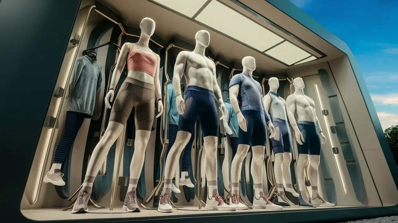 Vitrine de loja com manequins vestindo roupas esportivas inovadoras com shorts de compressão térmica.