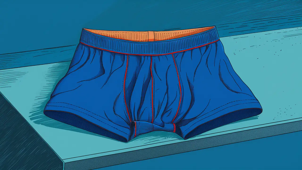 Par de cuecas boxer longas em microfibra azul com detalhes de costura em uma superfície plana.