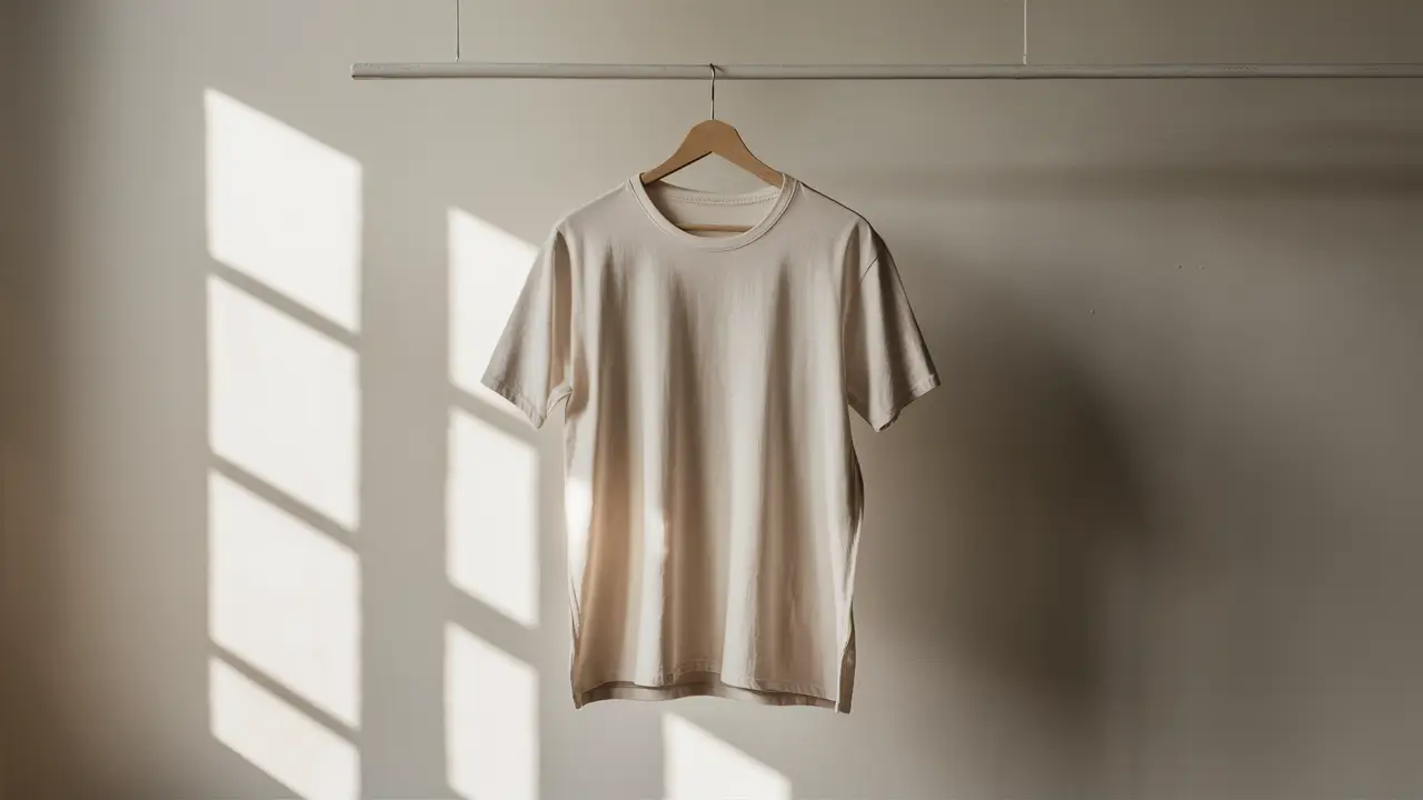 Camiseta branca sem estampa pendurada em um cabide de madeira em um quarto minimalista com parede cinza claro.