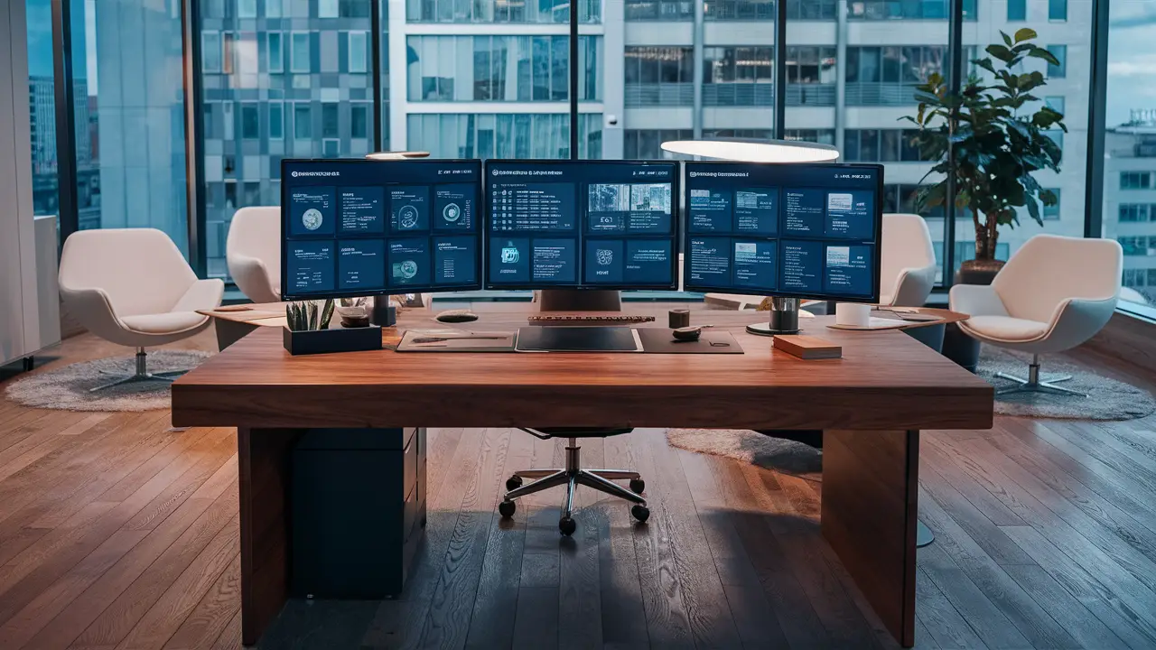 Escritório moderno com mesa de madeira, monitores com ferramentas de gestão digital e janela com vista para a cidade.