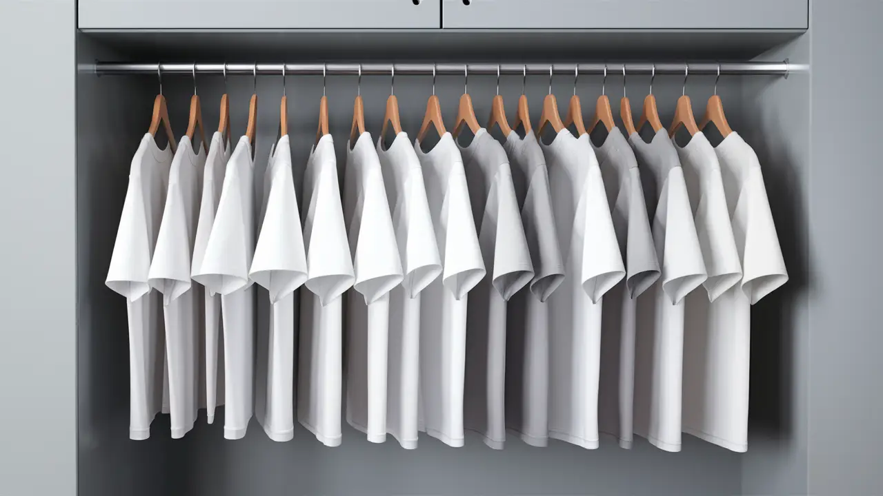 Gaveta de guarda-roupa com camisetas brancas de vários tamanhos em cabides de madeira.