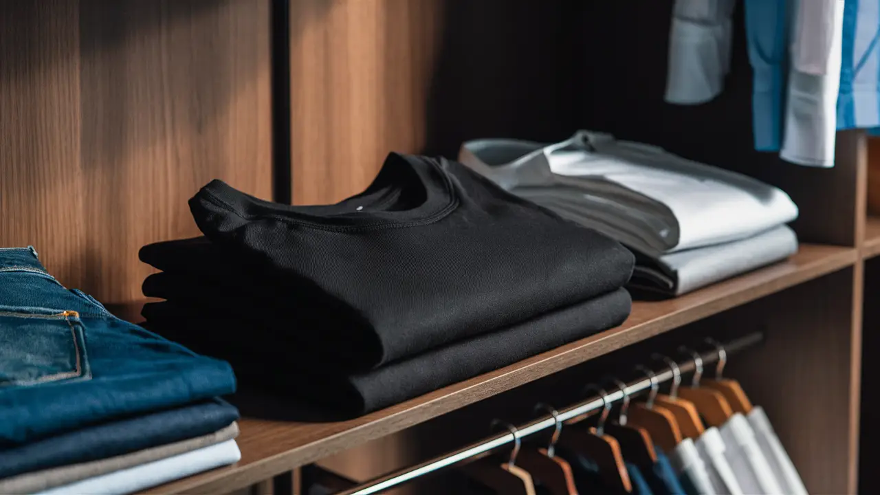 Camiseta preta dobrada em destaque em prateleira de madeira, cercada por jeans azuis e camisas brancas.