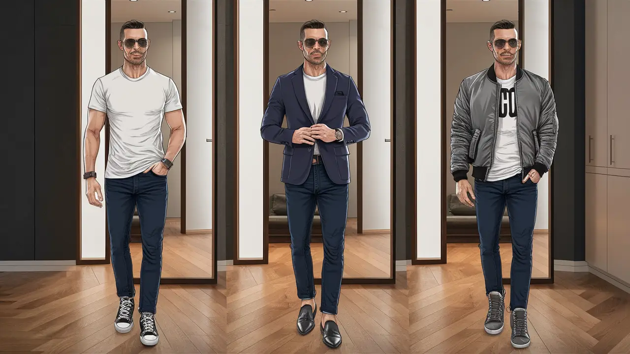 Homem usando camiseta branca com estilos casual, elegante e street em frente a um espelho em uma sala moderna.