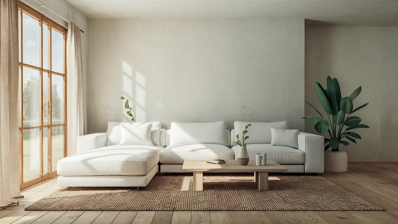 Sala de estar minimalista com sofá branco, mesa de madeira simples e planta verde no canto iluminada por luz natural.