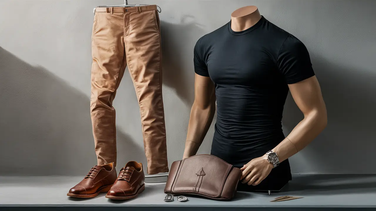 Mannequim com camiseta preta ajustada, calça chino bege e sapatos de couro marrom em fundo cinza neutro.