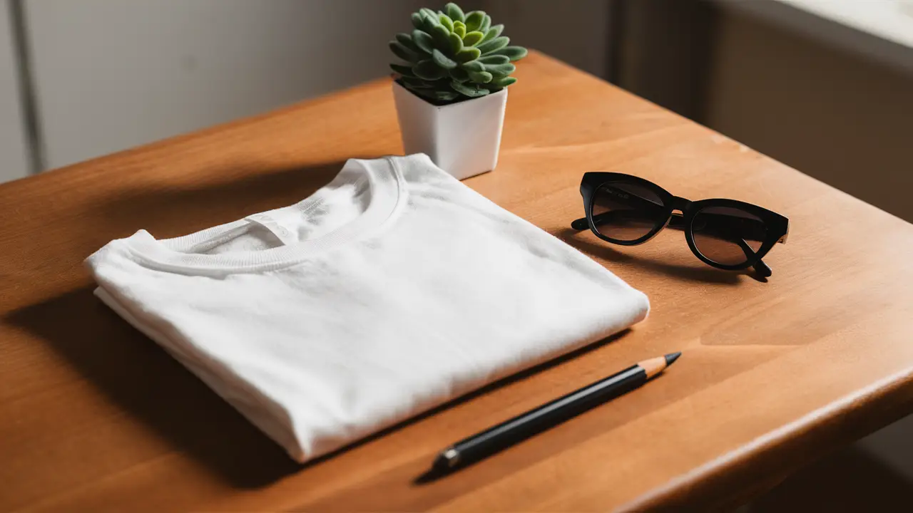 Camiseta branca lisa dobrada sobre mesa de madeira com óculos de sol preto e planta pequena ao lado.